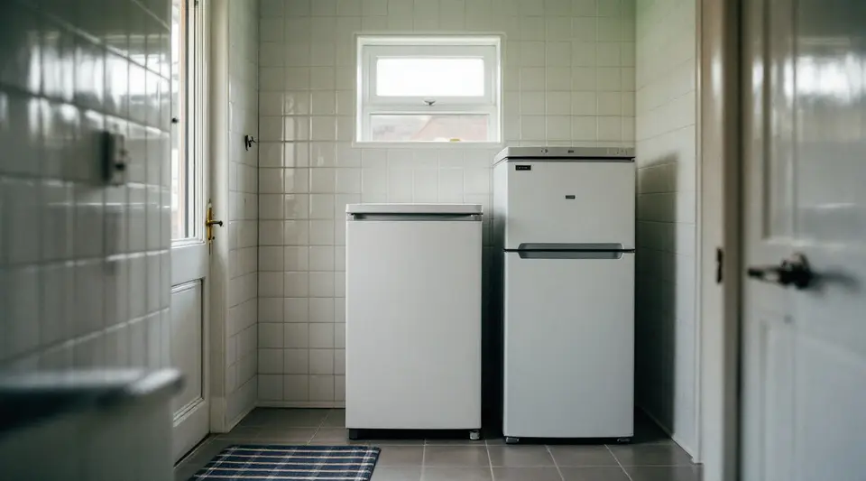 Een rustige bijkeuken met witte tegels, een kleine en een hogere witte koelkast naast elkaar onder een raampje