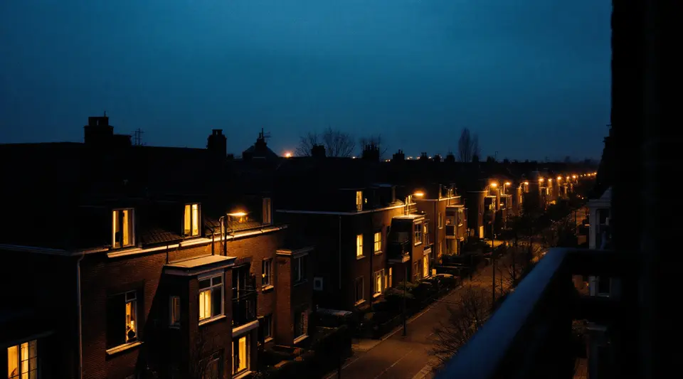 Een woonwijk met rijtjeshuizen bij schemer, verlichte ramen en straatlantaarns, gezien vanaf een balkon