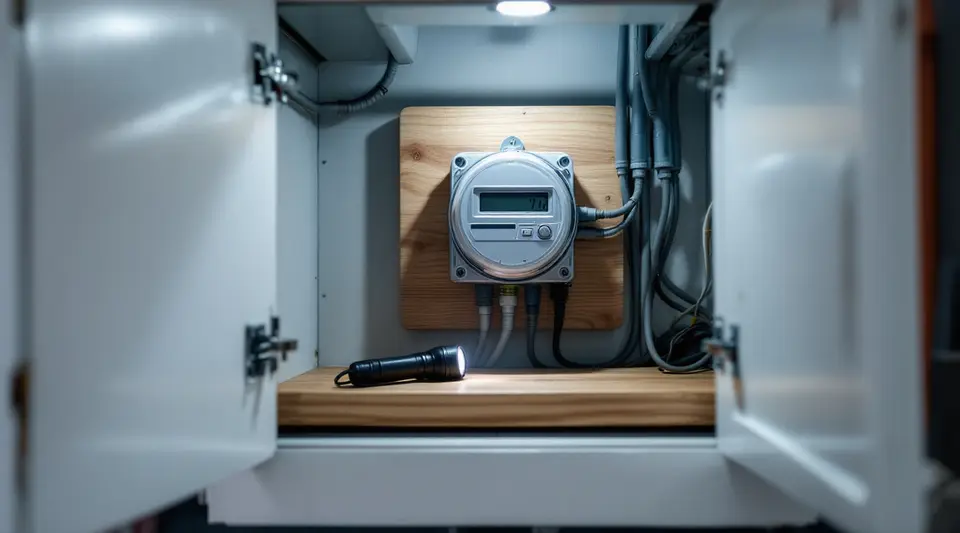 Een open meterkast met een grijze elektriciteitsmeter op een houten plank en een zaklamp op de plank eronder