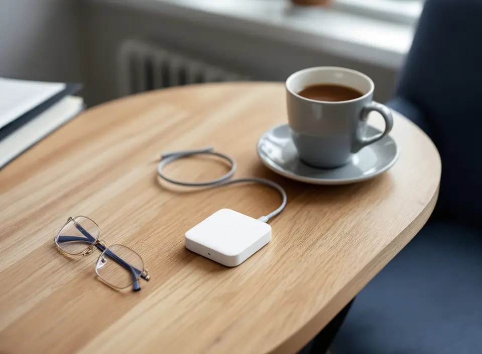 Een klein wit kastje met een korte grijze kabel op een eikenhouten tafel, naast een kop thee en een leesbril