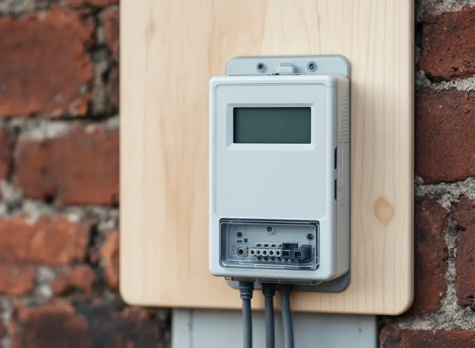 Een lichtgrijze digitale elektriciteitsmeter op een houten plank, met een klein scherm en dikke grijze kabels aan de onderkant