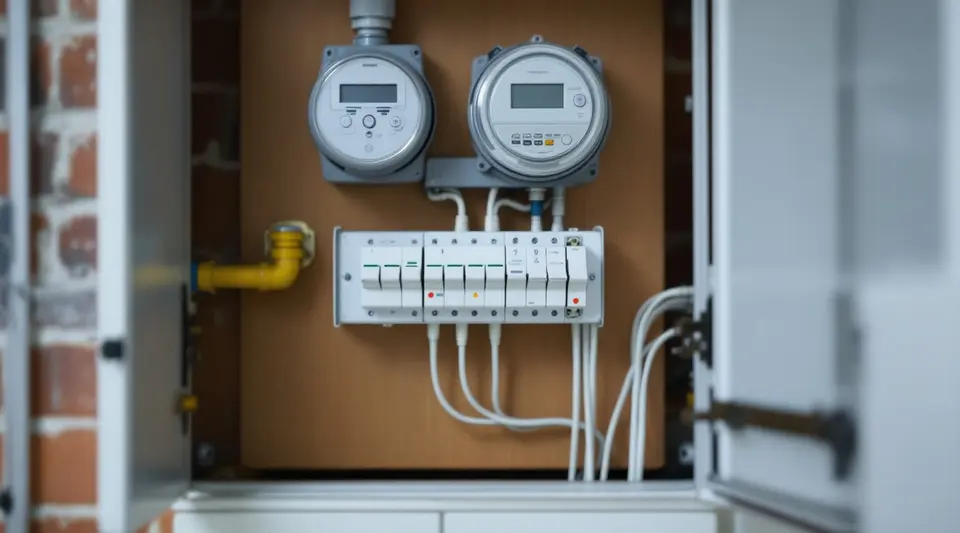 Een open meterkast met twee meters op een houten achterwand, een gele gasleiding en daaronder een groepenkast met een rij witte automaten