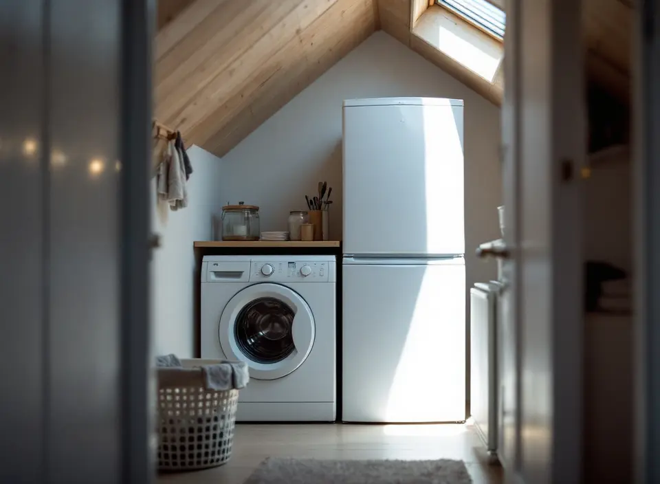 Een wasmachine op een zonnige zolder onder een schuin dak met een dakraam